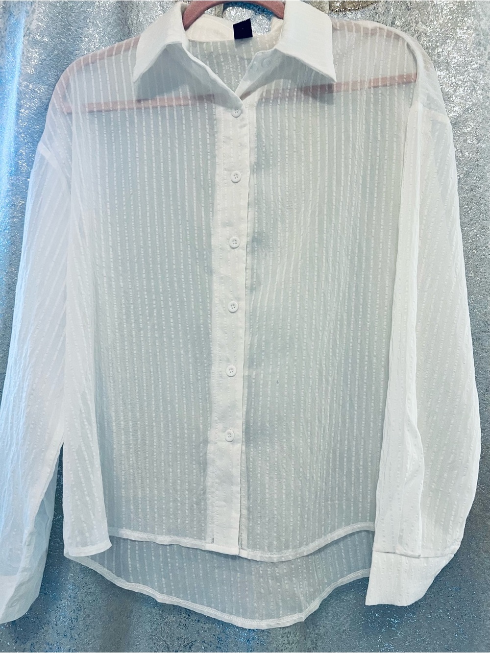 SHEIN White Sheer Striped Button-Up Shirt for Men
